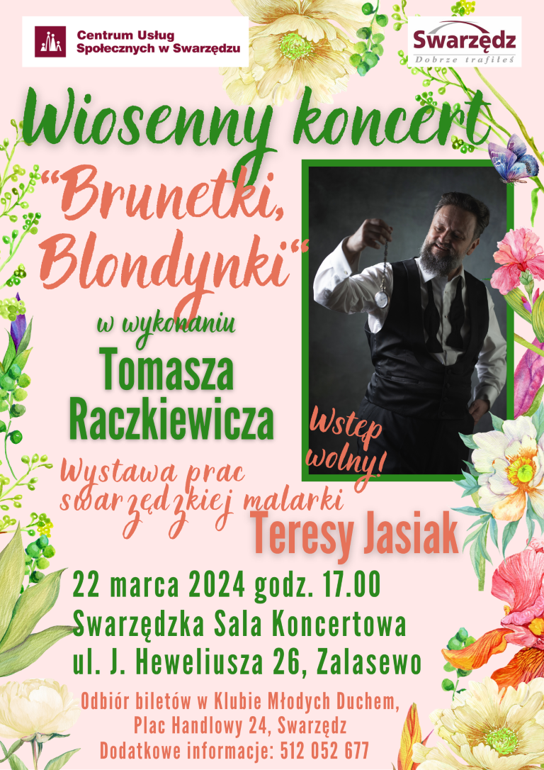 Plakat informujący o koncercie Tomasza Raczkiewicza i wystawie prac malarki Teresy Jasiak