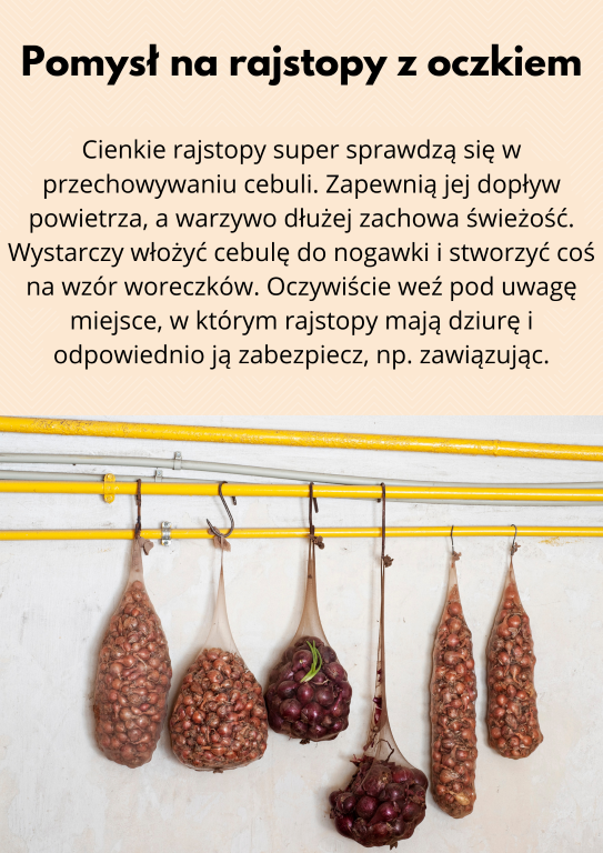 Cienkie rajstopy super sprawdzą się w przechowywaniu cebuli. Zapewnią jej dopływ powietrza, a warzywo dłużej zachowa świeżość. Wystarczy włożyć cebulę do nogawki i stworzyć coś na wzór woreczków. Oczywiście weź pod uwagę miejsce, w którym rajstopy mają dziurę i odpowiednio ją zabezpiecz, np. zawiązując.