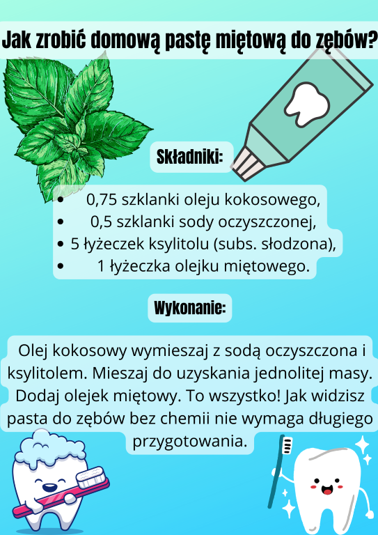 Jak zrobić domową pastę do zębów o smaku miętowym Składniki 0,75 szklanki oleju kokosowego, 0,5 szklanki sody oczyszczonej, 5 łyżeczek ksylitolu, 1 łyżeczka olejku miętowego. Wykonanie Olej kokoso