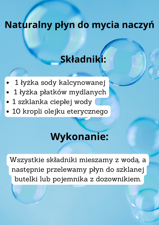 Składniki:   1 łyżka sody kalcynowanej 1 łyżka płatków mydlanych 1 szklanka ciepłej wody 10 kropli olejku eterycznego Wszystkie składniki mieszamy z wodą, a następnie przelewamy płyn do szklanej butelki lub pojemnika z dozownikiem.