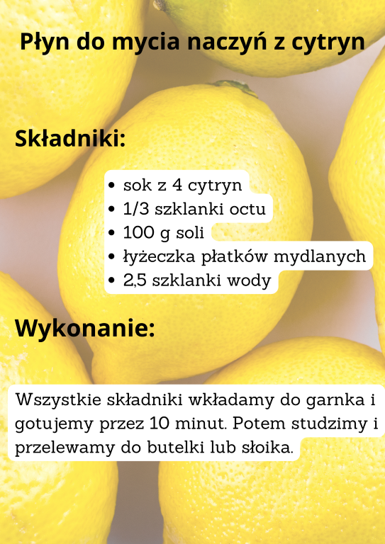 Składniki: sok z 4 cytryn 1/3 szklanki octu 100 g soli łyżeczka płatków mydlanych 2,5 szklanki wody Wszystkie składniki wkładamy do garnka i gotujemy przez 10 minut. Potem studzimy i przelewamy do butelki lub słoika.