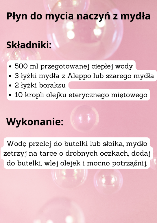 Składniki: 500 ml przegotowanej ciepłej wody 3 łyżki mydła z Aleppo lub szarego mydła 2 łyżki boraksu 10 kropli olejku eterycznego miętowego Wodę przelej do butelki lub słoika, mydło zetrzyj na tarce o drobnych oczkach, dodaj do butelki, wlej olejek i mocno potrząśnij.