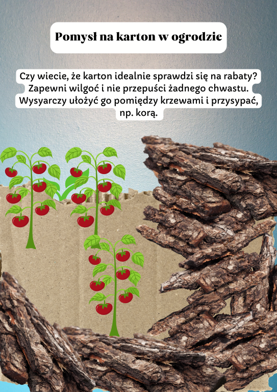 Pomysł na karton w ogrodzie Czy wiecie, że karton idealnie sprawdzi się na rabaty? Zapewni wilgoć i nie przepuści żadnego chwastu. Wysyarczy ułożyć go pomiędzy krzewami i przysypać, np. korą. 