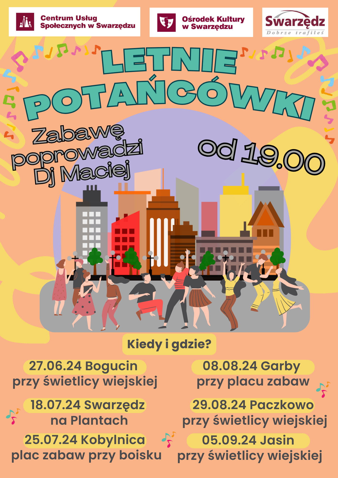 Plakat opisujący Letnie Potańcówki.