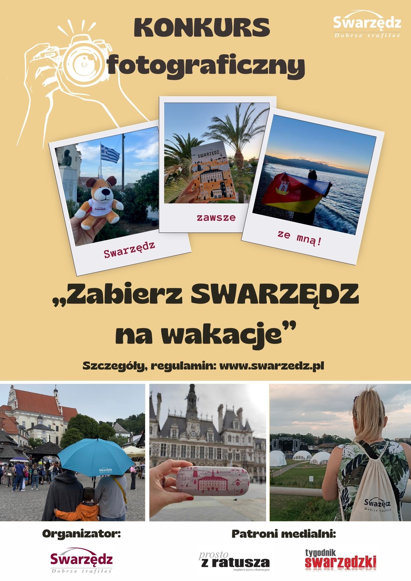 Plakat konkursu fotograficznego z informacją o terminie zgłoszeń i nagrodach. Temat: "Swarzędz w obiektywie".