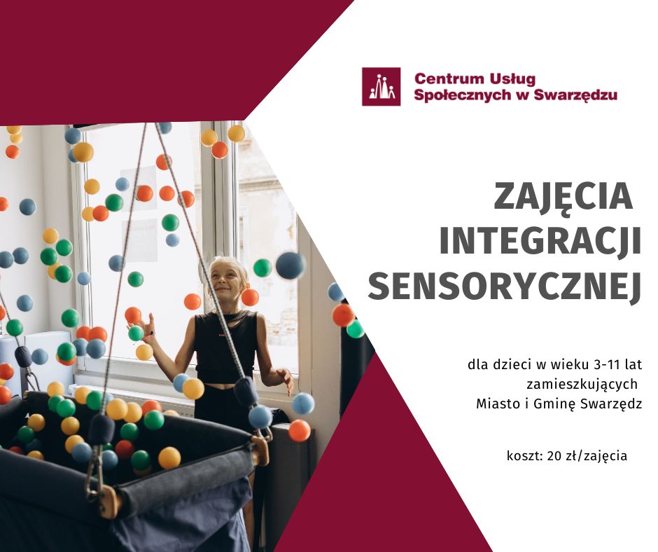 Plakat zatytułowany Zajęcia Integracji Sensorycznej dla dzieci w wieku 3-11 lat zamieszkujących Miasto i Gminę Swarzędz. Koszt to 20zł/zajęcia. Na zdjęciu rozbawiona dziewczynka, dookoła niej rozrzucone w powietrzu plastikowe piłki.