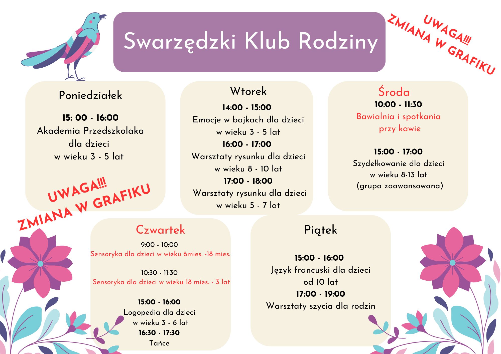 Plakat prezentujący nowy grafik działania Swarzędzkiego Klubu Rodziny. Plakat ozdobiony jest motywami ilustrowanych kolorowych kwiatów i ptaka z długim ogonem. Uwagę czytającego od razu zwracają czerwone adnotacje na plakacie o treści: Uwaga - trzy wykrzykniki - zmiana w grafiku. Na samej górze plakatu we fioletowej etykiecie widnieje biały napis Swarzędzki Klub Rodziny. Pod nim na białym tle znajduje się pięć chmurek informacyjnych koloru ekri. Każda odpowiada kolejnym pięciu dniom tygodnia rozpoczynając od poniedziałku. W każdej umieszczono harmonogram zajęć odnoszący się do poszczególnych dni. Poniedziałek. Od godziny piętnastej do szesnastej - Akademia Przedszkolaka dla dzieci w wieku od trzech do pięciu lat. Wtorek. Od godziny czternastej do piętnastej - Emocje w bajkach dla dzieci w wieku od trzech do pięciu lat. Od godziny szesnastej do siedemnastej - Warsztaty rysunku dla dzieci w wieku od ośmiu do dziesięciu lat. Od godziny siedemnastej do osiemnastej - Warsztaty rysunku dla dzieci w wieku od pięciu do siedmiu lat. Czerwoną czcionką oznaczającą zmianę w grafiku napisano środa od godziny dziesiątej do jedenastej trzydzieści - bawialnia i spotkania przy kawie. Już z powrotem czarną czcionką napisano: od piętnastej do siedemnastej - szydełkowanie dla dzieci w wieku od ośmiu do trzynastu lat, grupa zaawansowana. Na czerwono czwartek od dziewiątej do dziesiątej - sensoryka dla dzieci w wieku od sześciu miesięcy do osiemnastu miesięcy. Od godziny dziesiątej trzydzieści do jedenastej trzydzieści, również czerwoną czcionką, sensoryka dla dzieci w wieku od osiemnastu miesięcy do trzech lat. Normalnym kolorem czcionki napisano: od piętnastej do szesnastej - logopedia dla dzieci w wieku od trzech do sześciu lat. Od godziny szesnastej trzydzieści do siedemnastej trzydzieści - tańce. Piątek, bez zmian, od piętnastej do szesnastej - język francuski dla dzieci od 10 roku życia. Od siedemnastej do dziewiętnastej - warsztaty szycia dla rodzin.