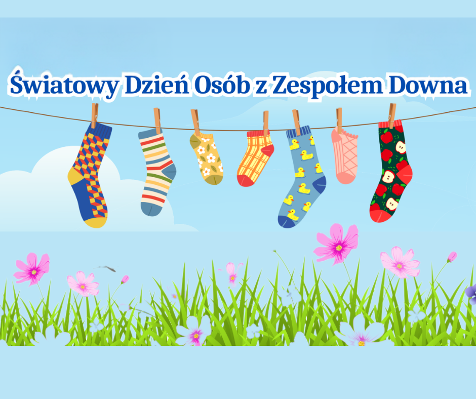 Ilustracja przedstawia kolorową łąkę, w której dominuje jasnozielona trawa i polne kwiaty w kolorze błękitnym, różowym i fioletowym. Nad łąką rozciągnięty jest sznurek, na którym wisi siedem różnokolorowych skarpetek - każda jest inna. Skarpetki są przymocowane do sznurka pojedynczymi klamerkami. Nad skarpetkami widnieje następujący napis: Światowy Dzień Osób z Zespołem Downa. Tło stanowi błękitne niebo z dwiema jasnymi chmurkami. 