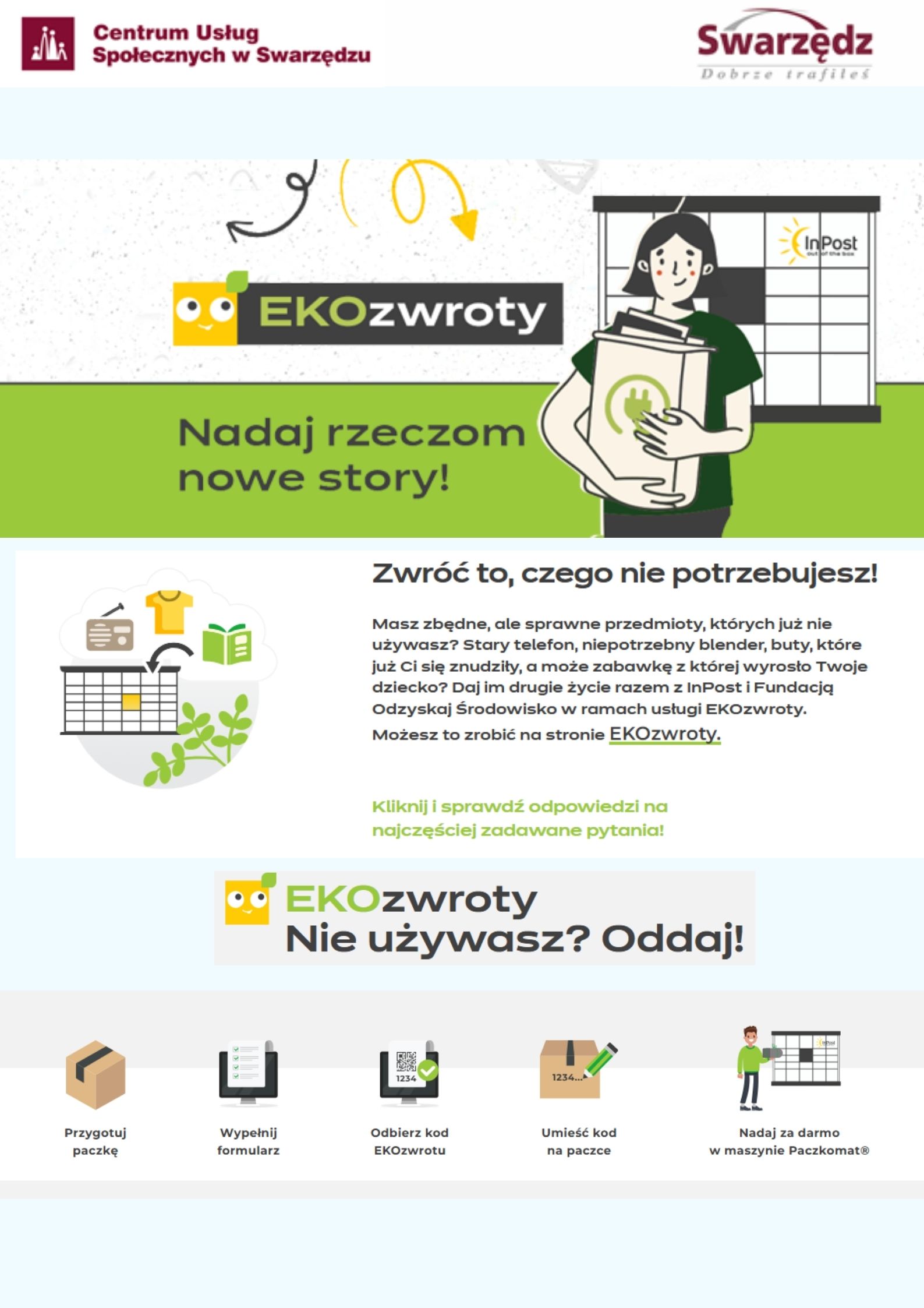 Plakat o ekozwrotach inpost. Zawiera zachętę do skorzystania z usługi i informację, że więcej szczegółów można poznać wchodząc na stronę inpost w zakładkę odbieram i dalej ekozwroty.