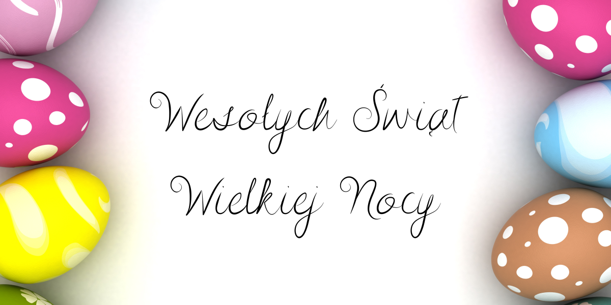 Kolorowe pisanki po bokach białego tła z napisem ‘Wesołych Świąt Wielkiej Nocy’ elegancką, ozdobną czcionką pośrodku.