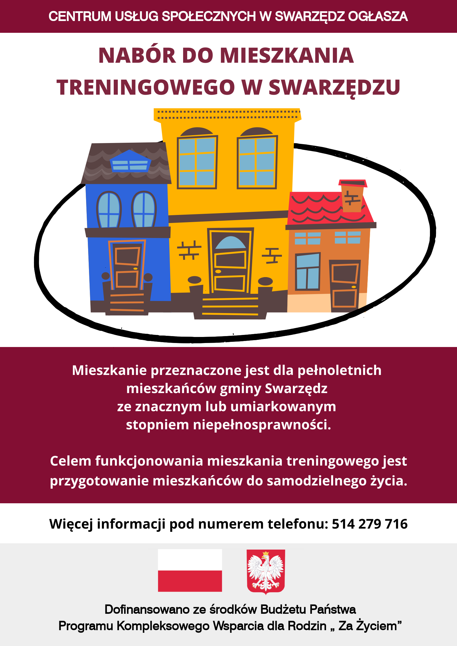 Plakat w kolorze biało-bordowym. Na białym tle widać trzy ilustrowane kamienice w kolorze niebieskim, miodowym i pomarańczowo-czerwonym okrążone czarną linią. W treści przekazano informacje o mieszkaniu treningowym. Na pasku umieszczono logotypy.