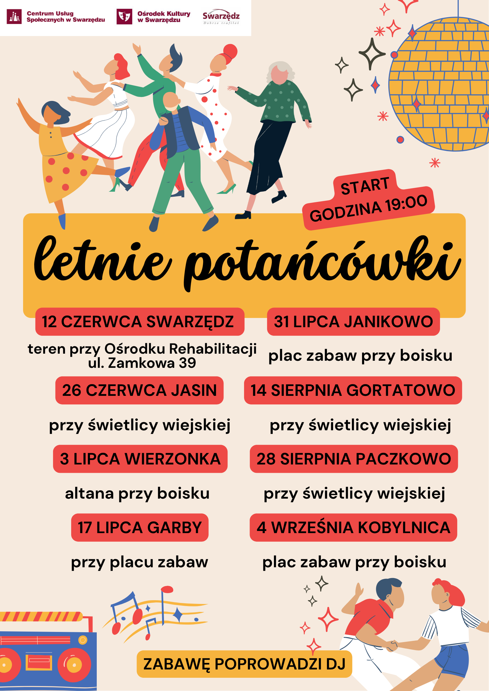 Plakat na jasnym tle zaprasza na letnie potańcówki z DJ-em w gminie Swarzędz. Wydarzenia w 8 lokalizacjach. Start o 19:00. Użyto koloru czerwonego i żółtego.