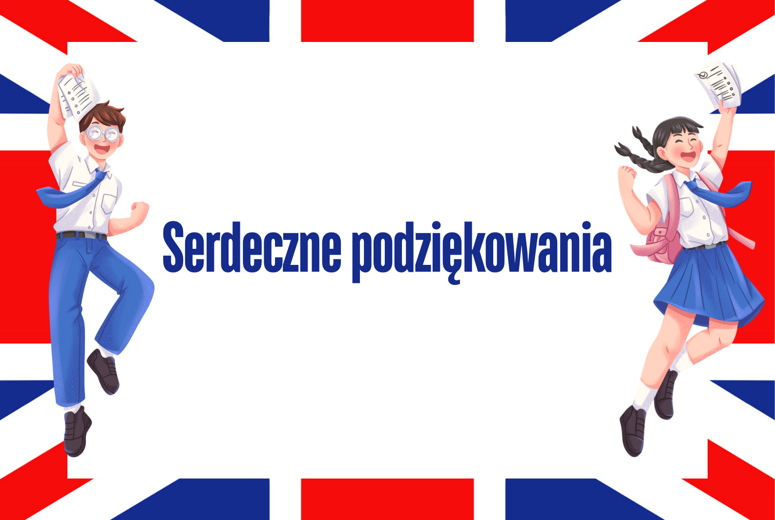 Plakat zawiera tytuł serdeczne podziękowania i dwie ilustrowane postacie - ucznia i uczennicy skaczących do góry z radością i trzymających w rękach zapisane kartki.