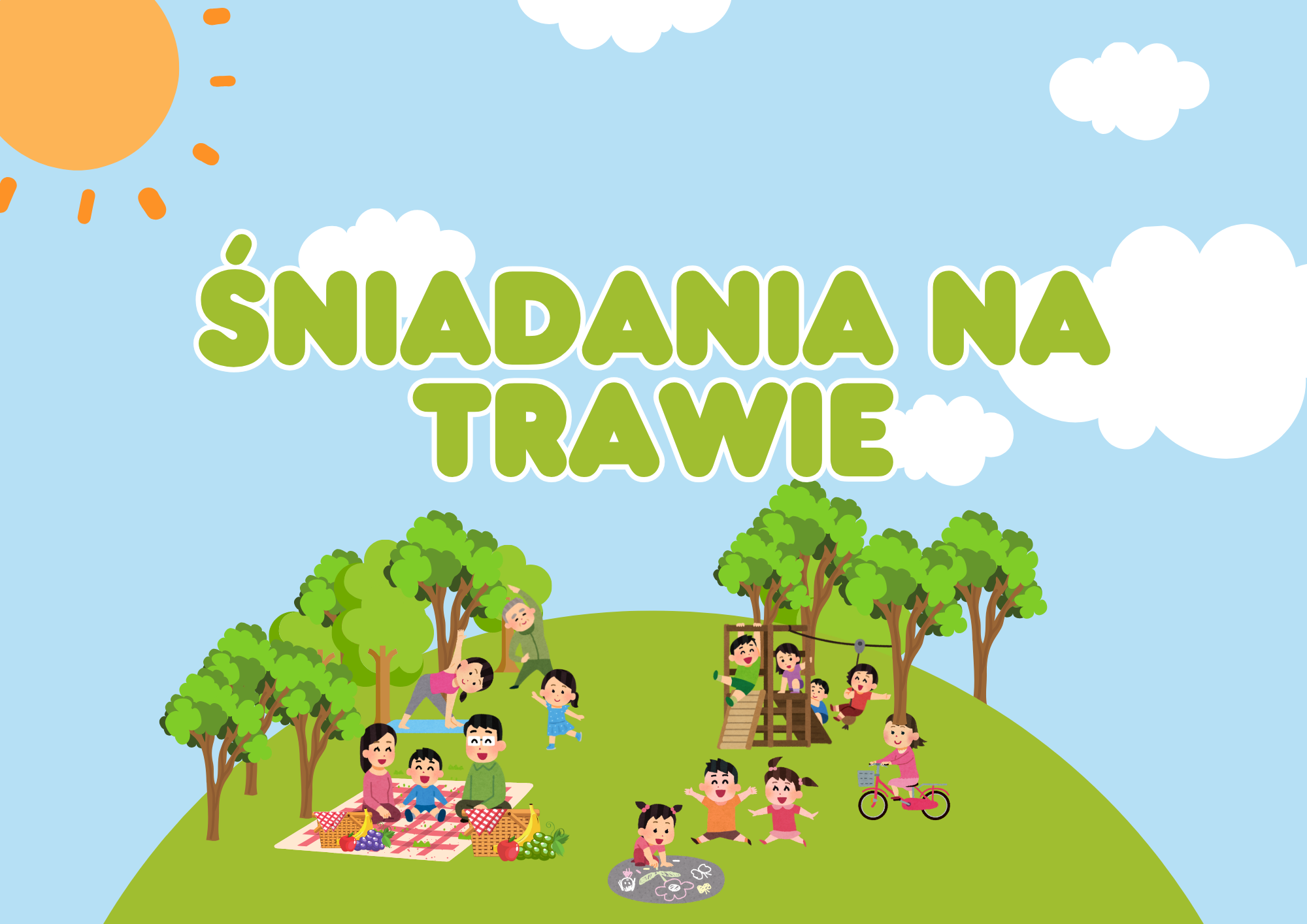 Ilustracja przedstawia zielone półkole przywodzące na myśl kulę ziemską, na której rosną drzewa. Pomiędzy nimi na trawie piknikują ludzie. W tle widać błękitne niebo z białymi chmurami i świecące słońce. W środku umieszczono napis Śniadania na trawie.