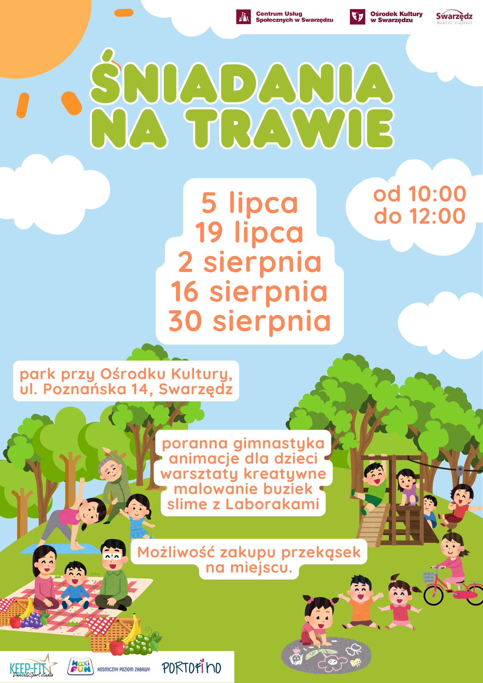 Plakat informujący o śniadaniach na trawie. Tło dla chmurek i etykiet z informacjami stanowią ilustrowane drzewa i trawnik, na którym widać postacie wesołych piknikowiczów. Nad wszystkim widnieje błękitne niebo z białymi chmurami i świecącym słońcem.