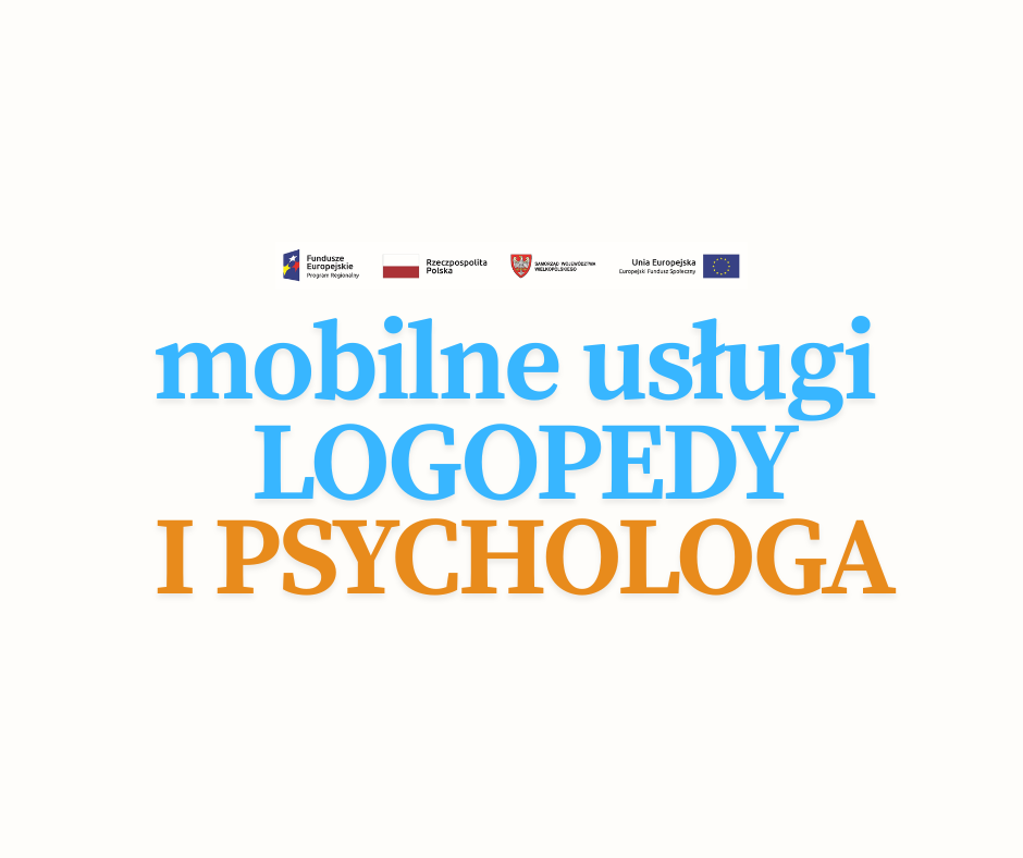Plakat przedstawiający logotypy i nazwę mobilnych usług logopedy i psychologa.