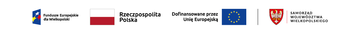 Stopka z logotypami: Fundusze Europejskie dla Wielkopolski, Rzeczpospolita Polska, Dofinansowano przez Unię Europejską, Samorząd Województwa Wielkopolskiego