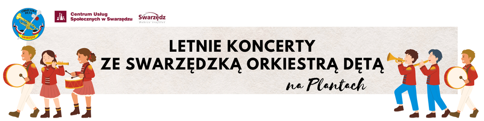 Letnie koncerty ze Swarzędzką Orkiestrą Dętą na Plantach - Baner z ilustracją muzyków grających na instrumentach dętych
