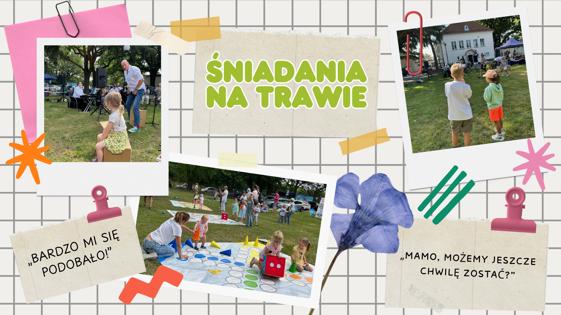 Tablica w kratkę, na której umieszczone są zdjęcia ze Śniadania na trawie i karteczki z napisami.