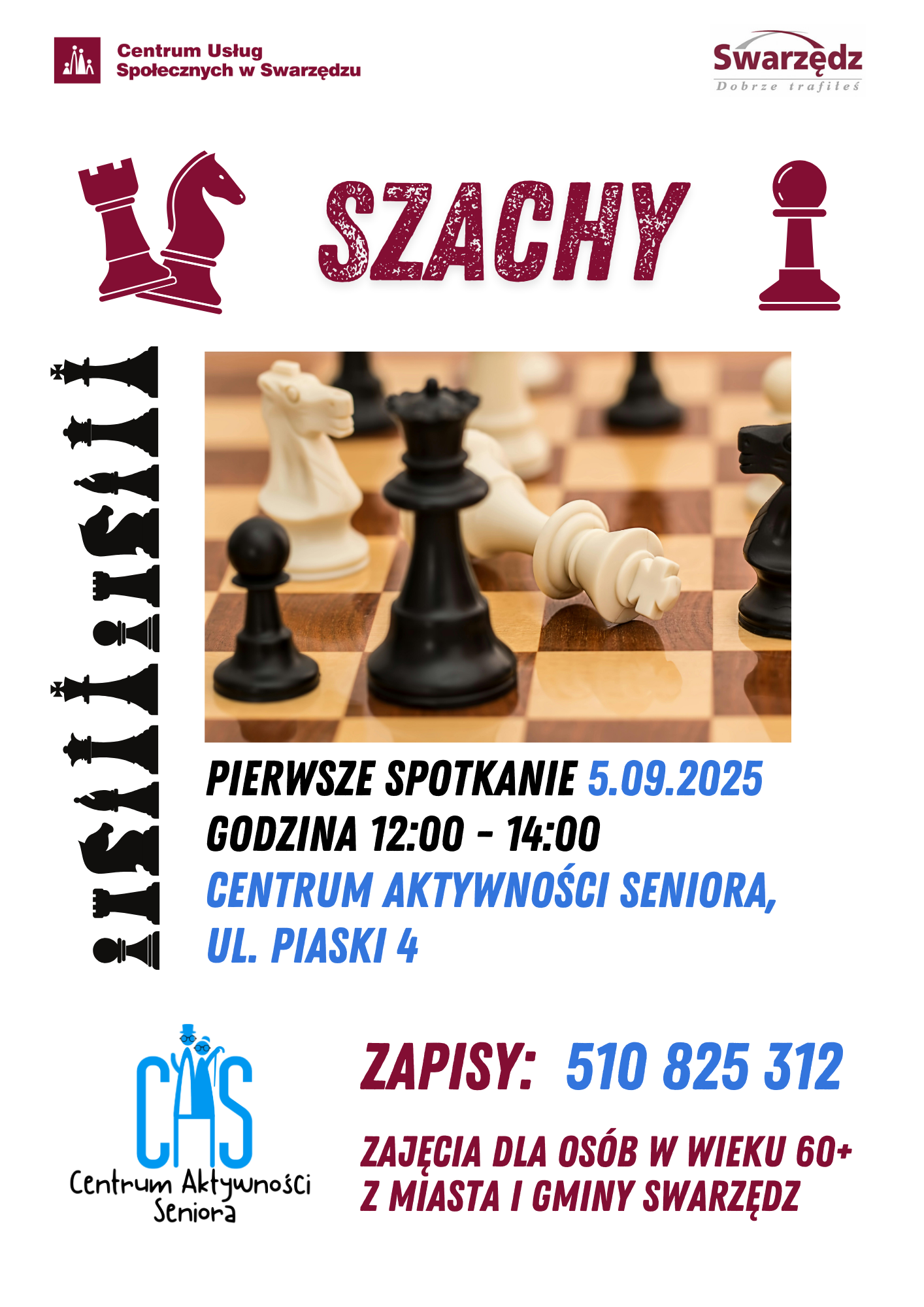 Plakat informacyjny dotyczący pierwszego spotkania szachowego w Centrum Aktywności Seniora.