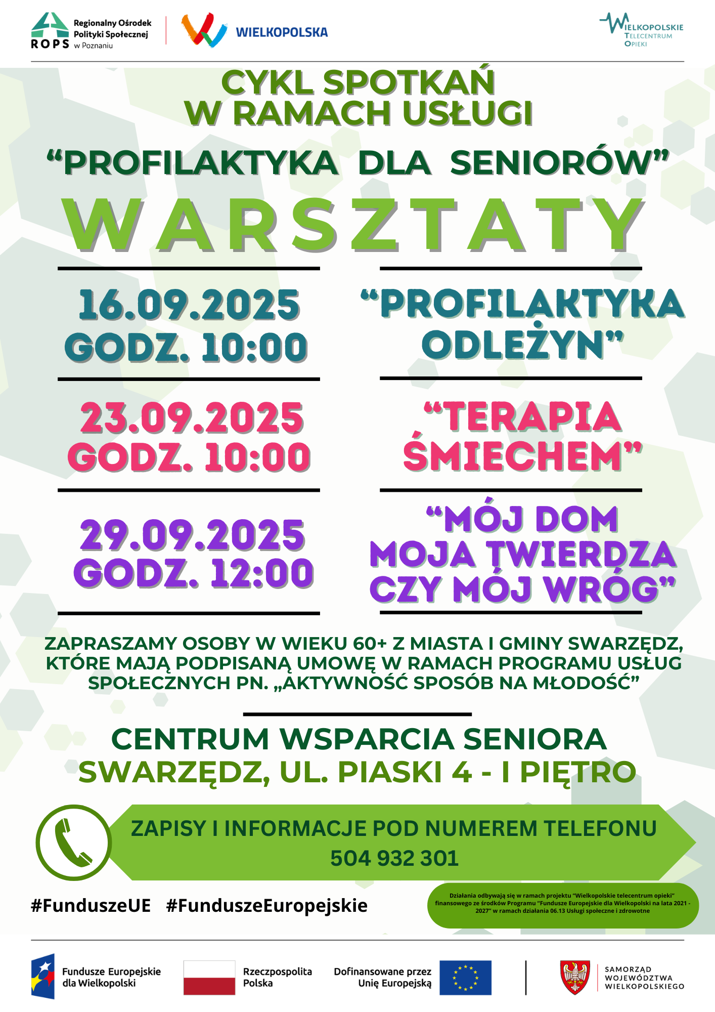 Plakat informacyjny dotyczący najbliższych warsztatów odbywających się w ramach usługi Profilaktyka dla seniorów.