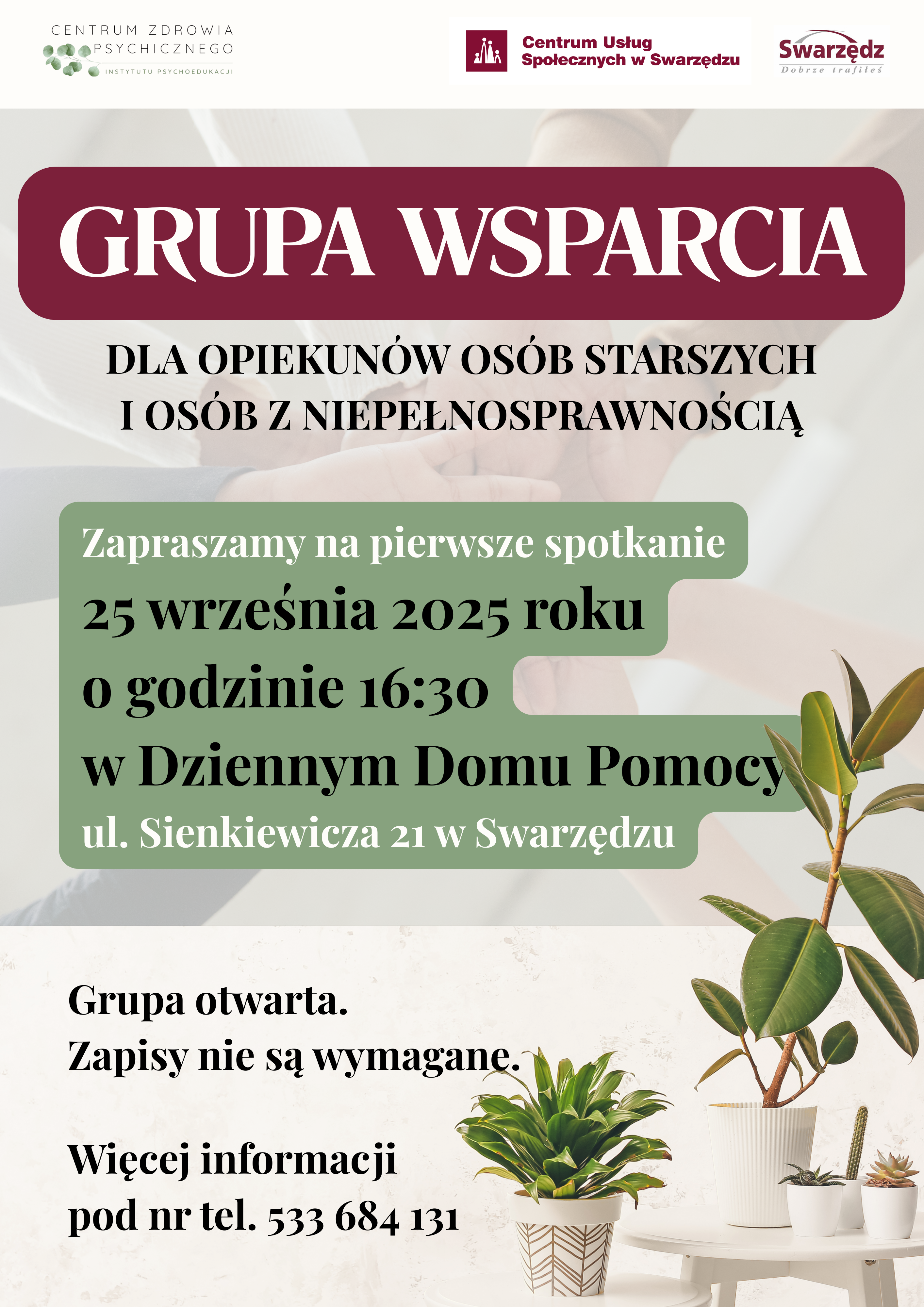 Grafika informuje o powstaniu grupy WSPARCIA DLA OPIEKUNÓW OSÓB STARSZYCH I OSÓB Z NIEPEŁNOSPRAWNOŚCIĄ. Tło grafiki jest jasne, utrzymane w ciepłych barwach. Na górnym białym pasku znajdują się logotypy organizatorów.