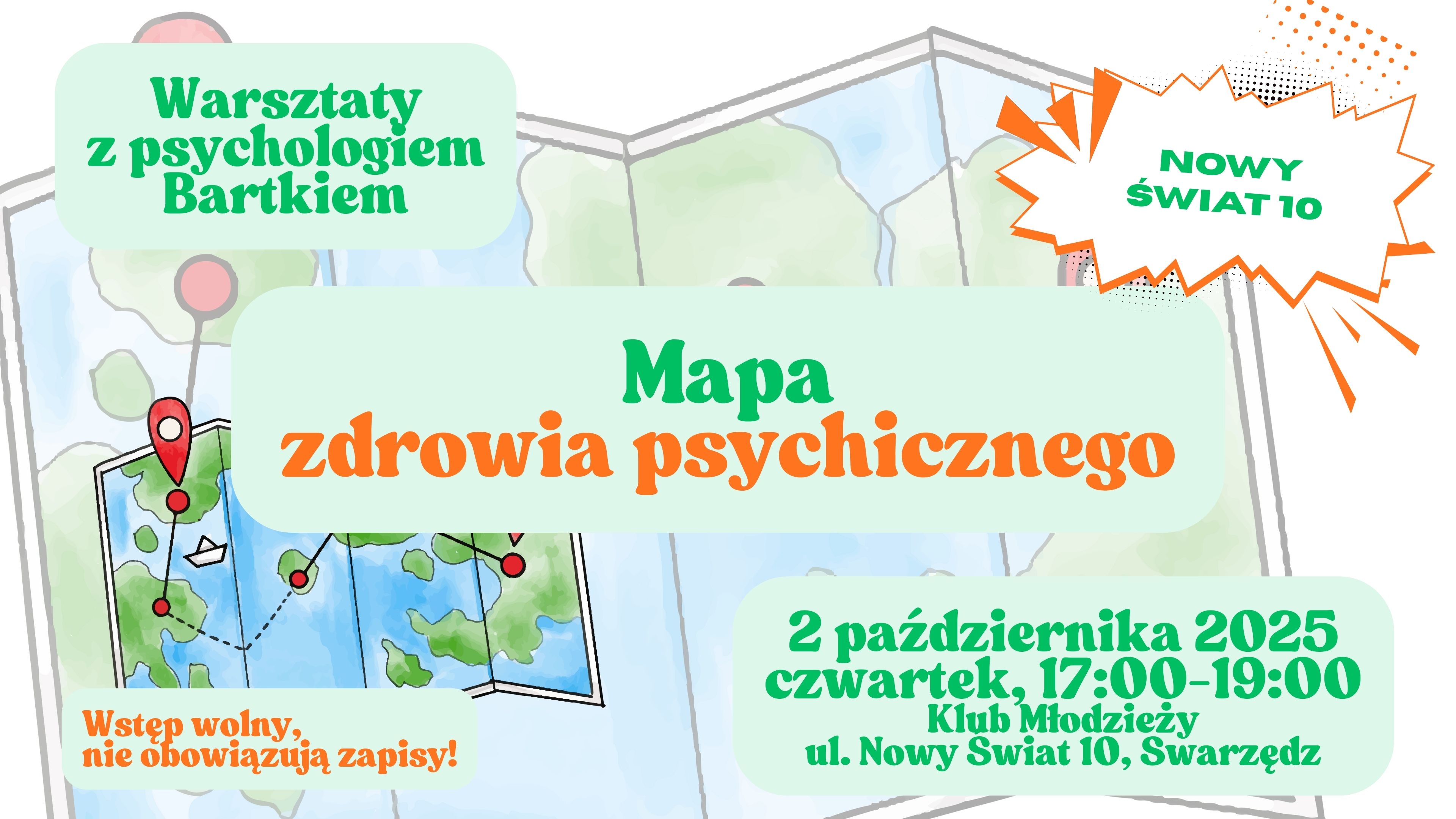 Grafika informująca o warsztatach z psychologiem Bartkiem w klubie młodzieży Nowy Świat 10. Na białym tle znajdują się komiksowe grafiki oraz tekst, wszystko utrzymane w pomarańczowych i zielonych barwach.