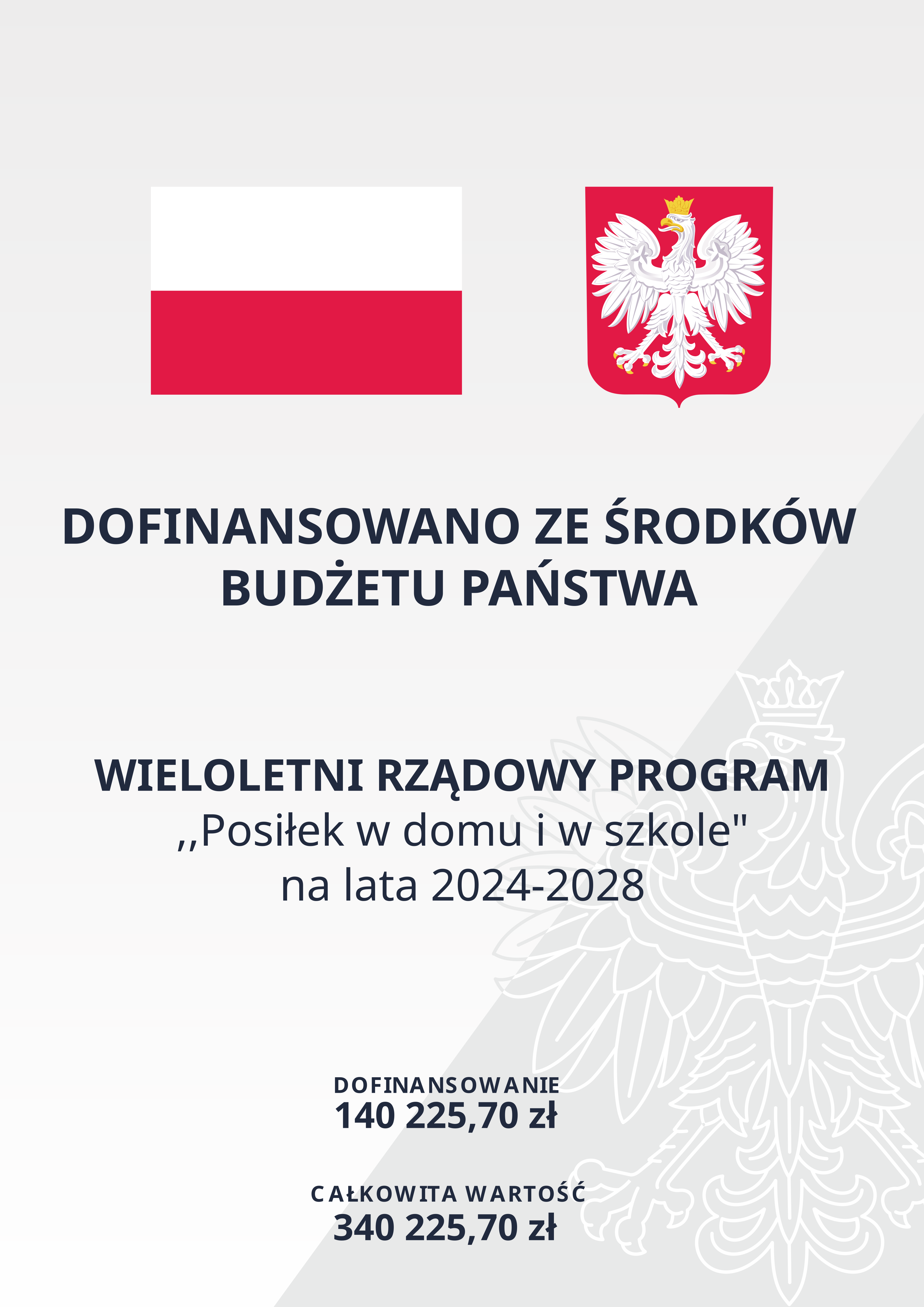 Grafika informująca o dofinansowaniu z budżetu państwa programu „Posiłek w domu i w szkole” na lata 2024–2028. Widoczne są flaga Polski, godło oraz kwoty: dofinansowanie 140 225,70 zł, całkowita wartość 340 225,70 zł.