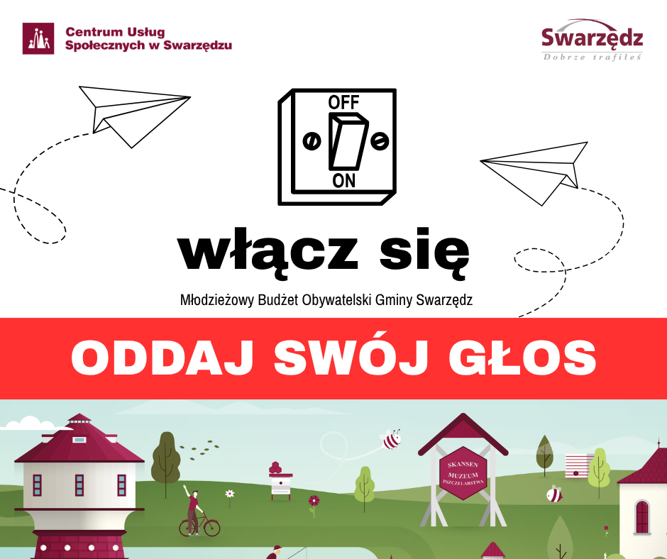 Baner dotyczący głosowania w młodzieżowym budżecie obywatelskim. Tytuł brzmi włącz się. Pod nim duży napis oddaj swój głos.