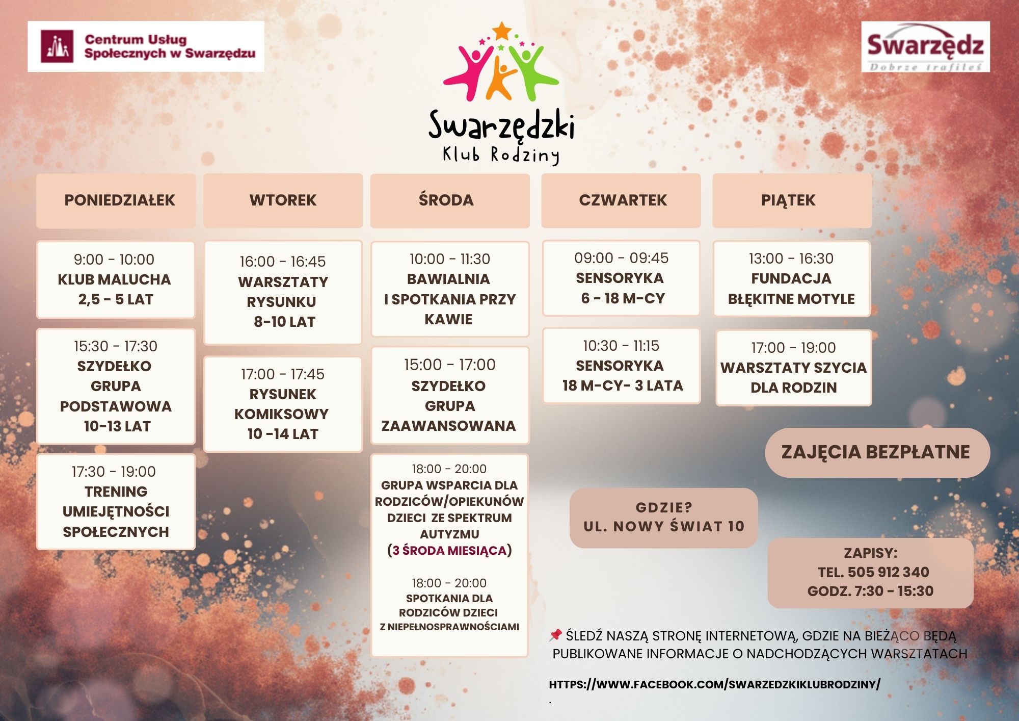 plakat przedstawia grafik zajęć w Swarzędzkim Klubie Rodziny