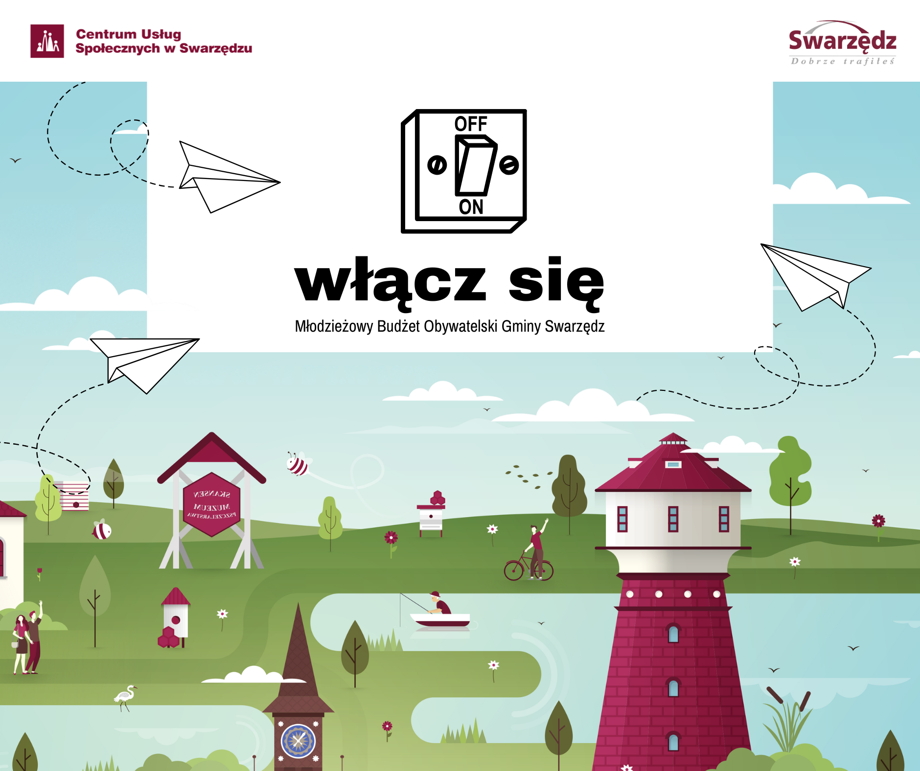 Baner przedstawiający ilustrowane budynki charakterystyczne dla Swarzędza, zielone miejsca nad jeziorem i napis włącz się z pstryczkiem elektryczkiem.