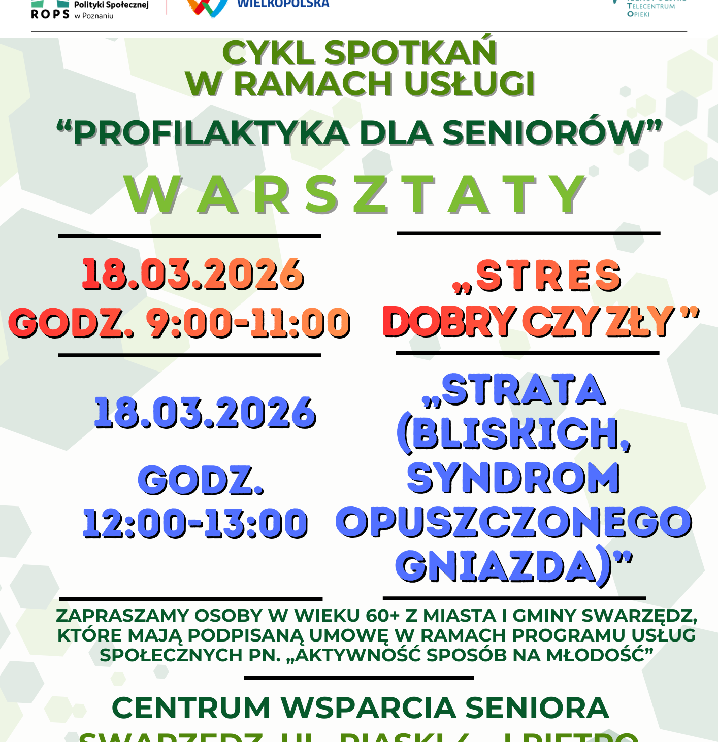 Baner informujący o dwóch warsztatach dla seniorów. Umieszczono na nim tytuły, logotypy projektowe, informacje organizacyjne.