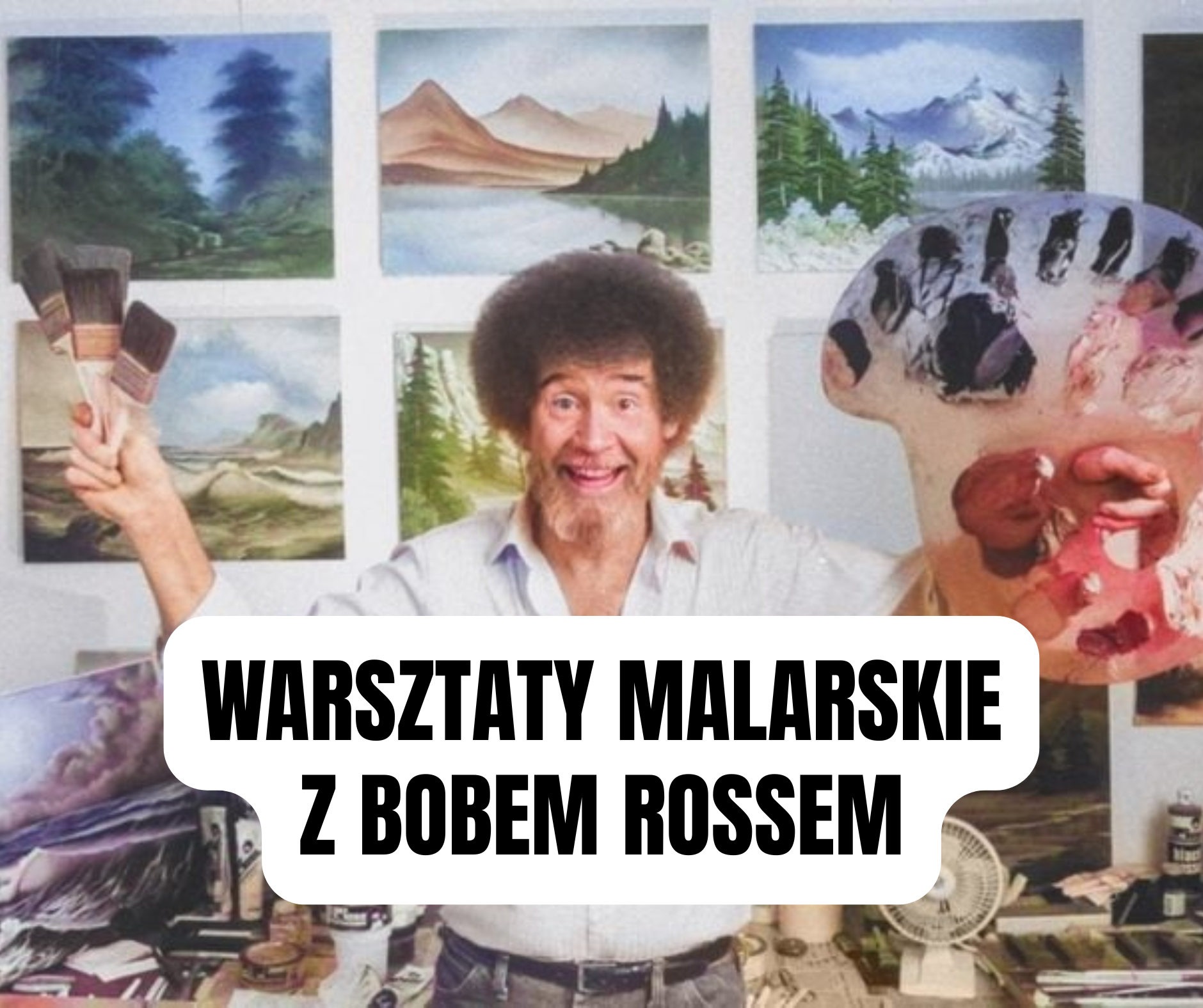 Baner wprowadzający do artykułu. Przedstawia uśmiechniętego malarza Boba Rossa z paletą i pędzlami stojącego na tle ściany z obrazami.