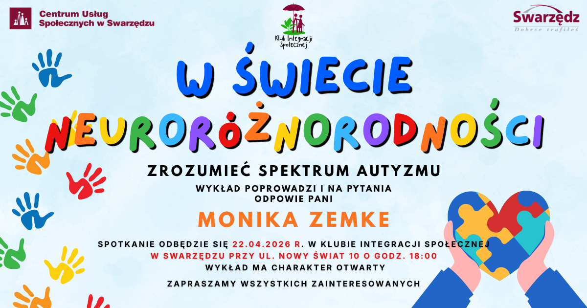 Plakat dotyczący wykładu o NEURORÓŻNORODNOŚCI. Na błękitnym tle są kolorowe dekoracje i logotypy organizatorów.