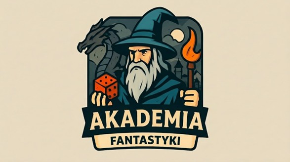 Grafika przedstawia czarodzieja w kapeluszu, trzymającego w rękach dużą kość do gry oraz pochodnie. Obok czarodzieja widać szary zarys smoka. Pod nimi widnieje napis Akademia Fantastyki