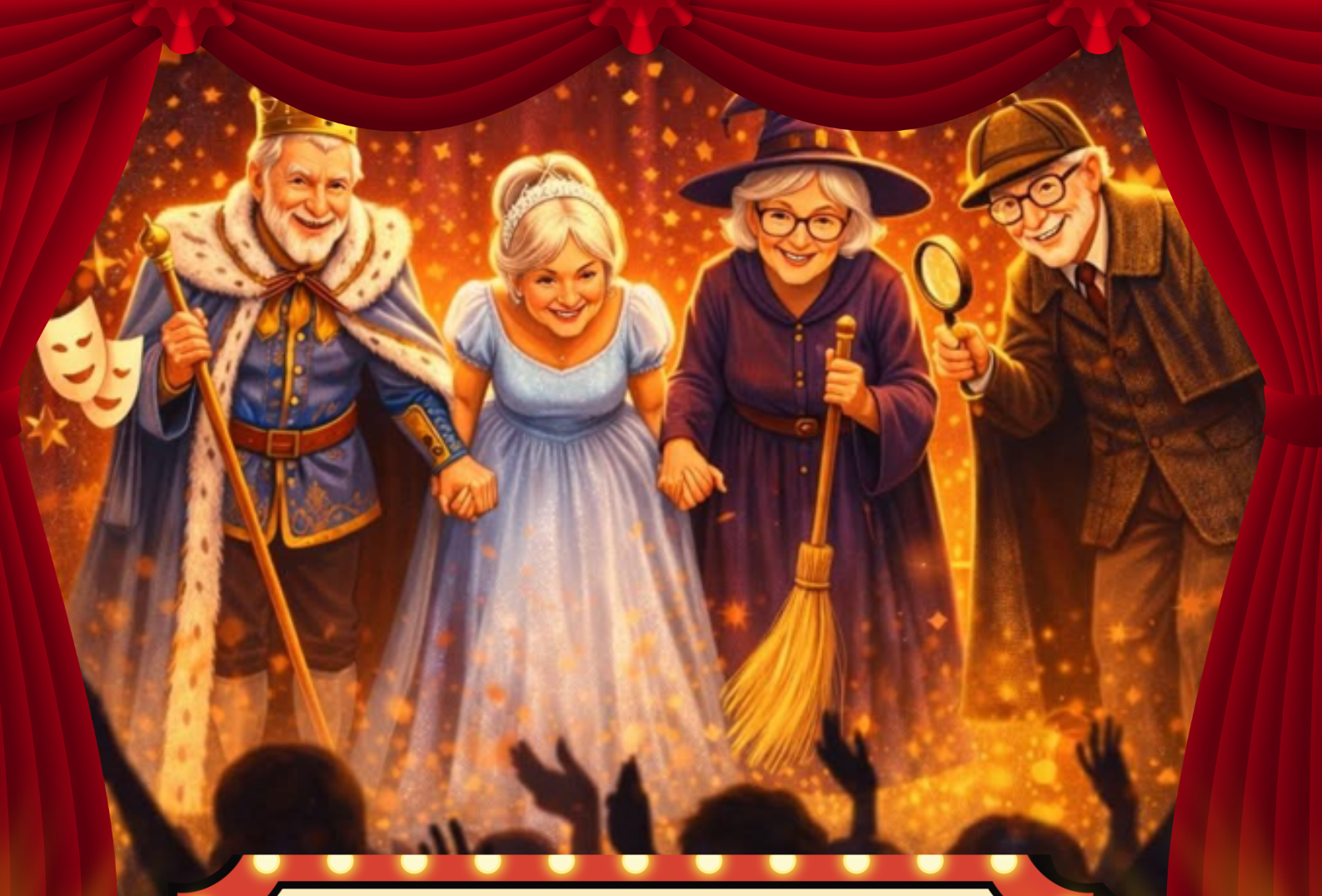 Kolorowy plakat baner do spektaklu pod tytułem Co byś zrobił, gdybym umarła wystawianego przez seniorów z sekcji teatralnej Ośrodka Kultury.