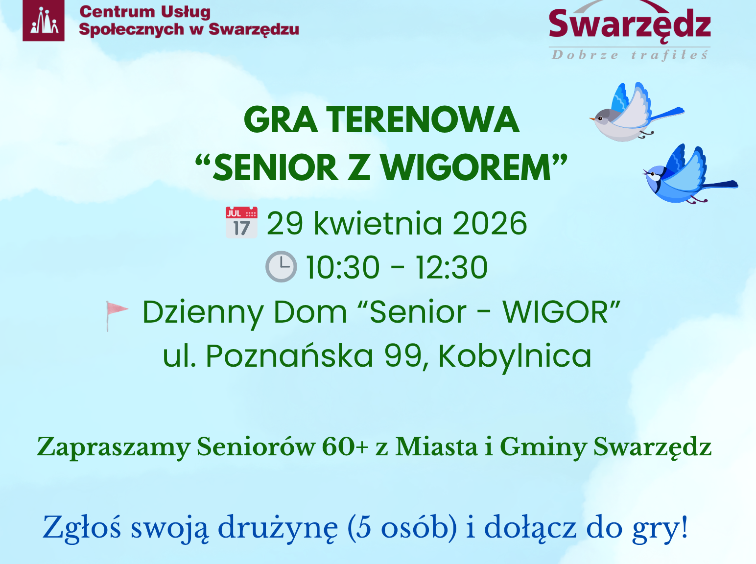 Baner informujący o grze terenowej dla seniorów organizowanej przez Dzienny Dom Senior Wigor w Kobylnicy.