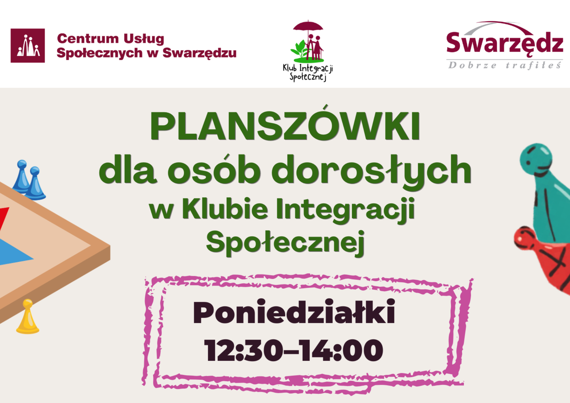 Planszówki dla dorosłych. Jasny plakat z logotypami i kolorowymi napisami.