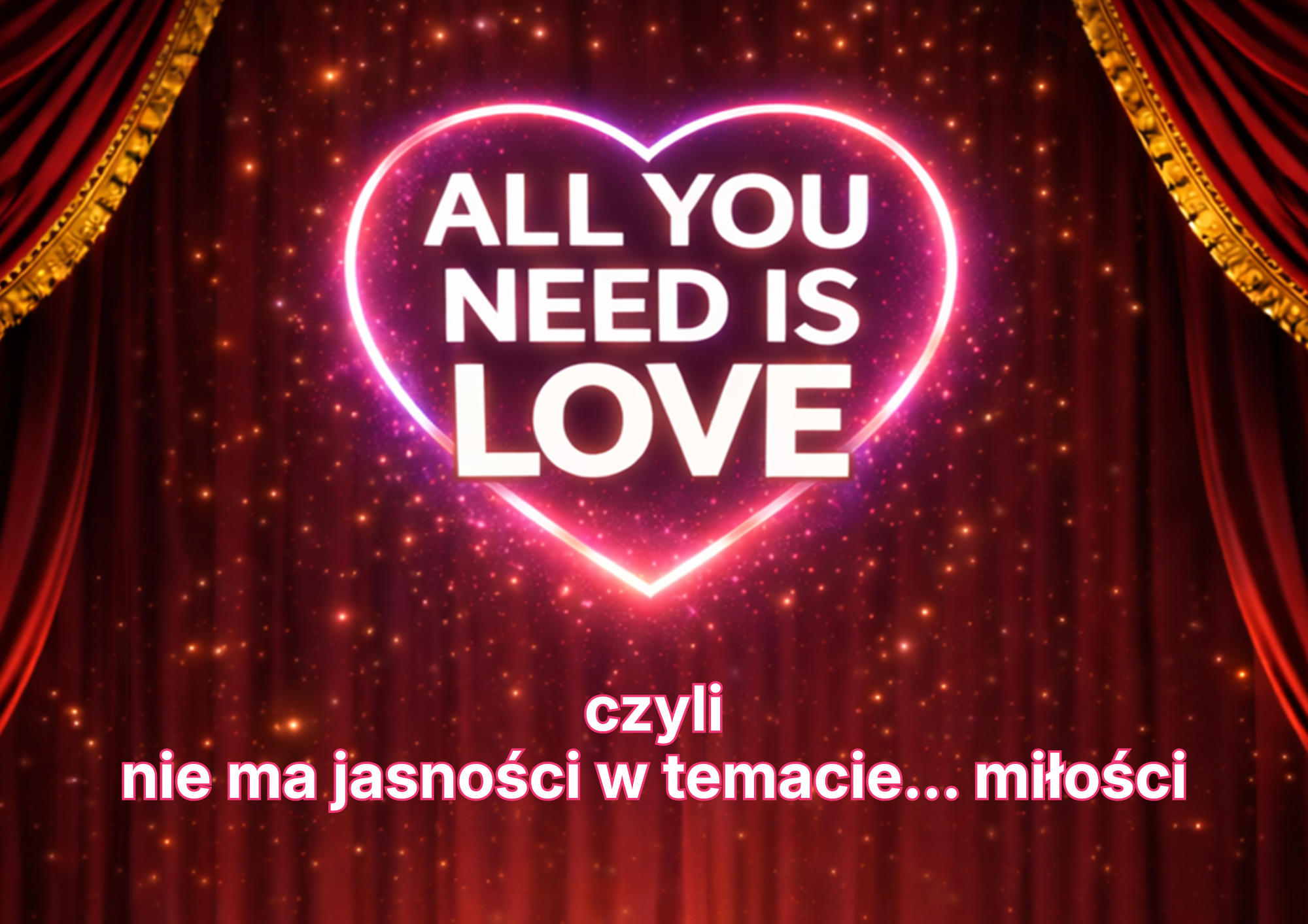 Grafika dotycząca koncertu: All you need is love". Na bordowym tle znajduje się kurtyna i neonowe serce.