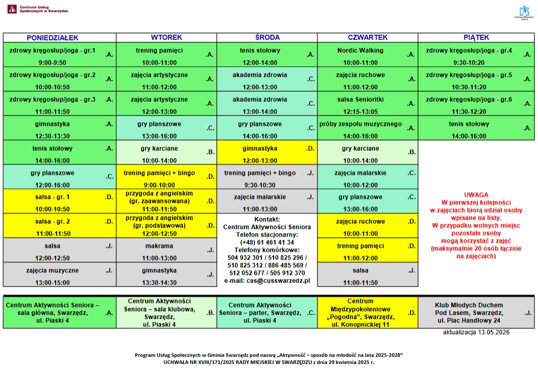 Zdjęcie przedstawia graficzną wersje planu zajęć w formie tabelki