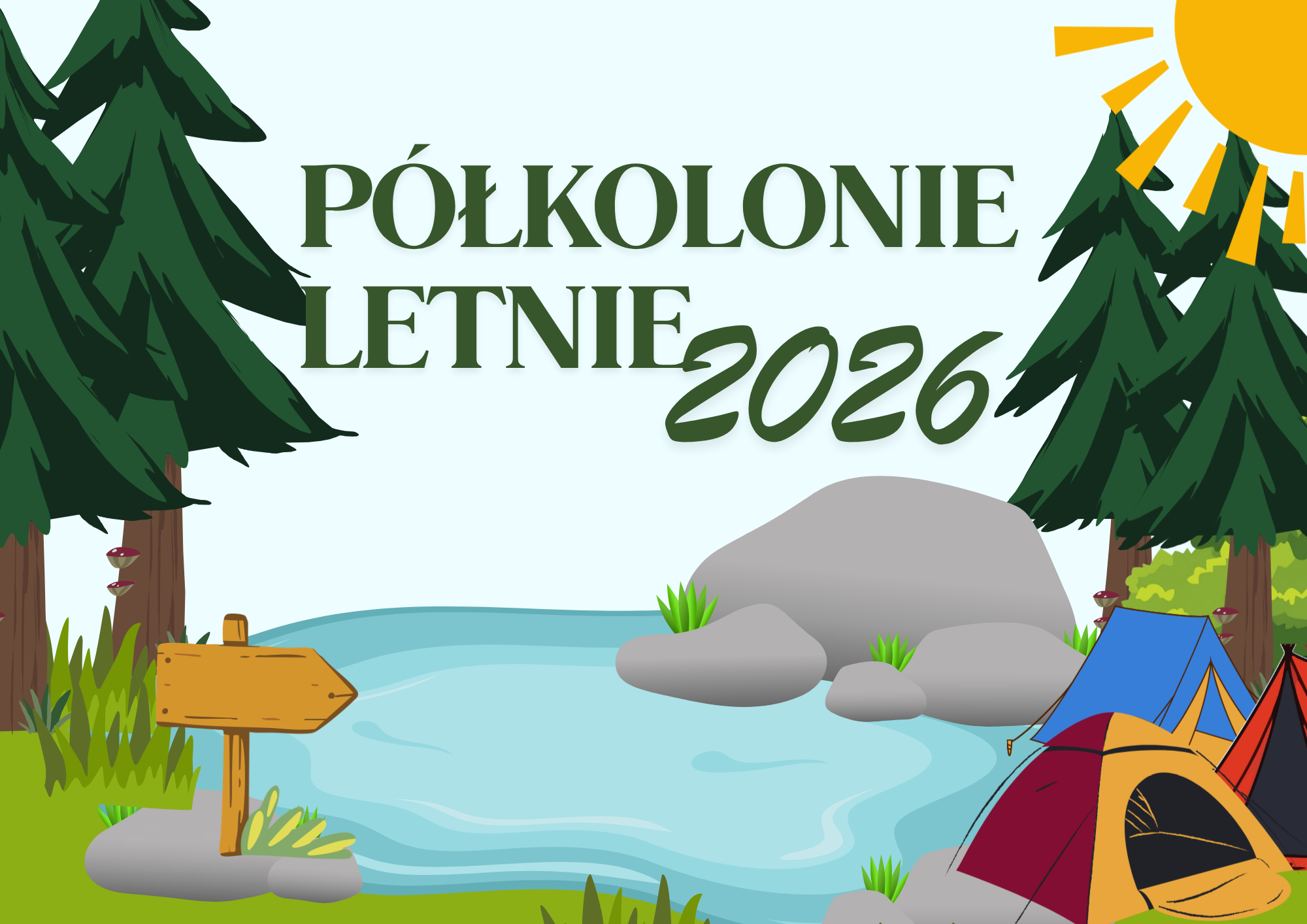 Plakat nawiązujący do letniej górskiej scenerii dotyczący półkolonii letnich 2026.