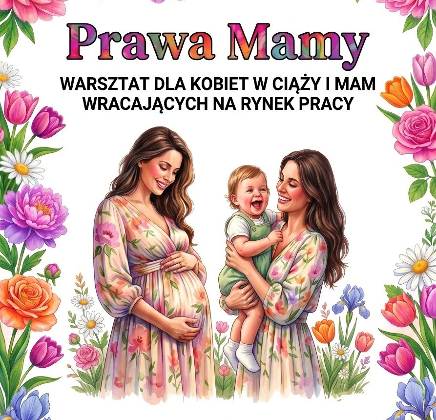 Baner przedstawiający dwie ilustrowane uśmiechnięte kobiety. Jedna z nich jest w ciąży i trzyma się za brzuch, a druga stoi z dzieckiem na rękach.