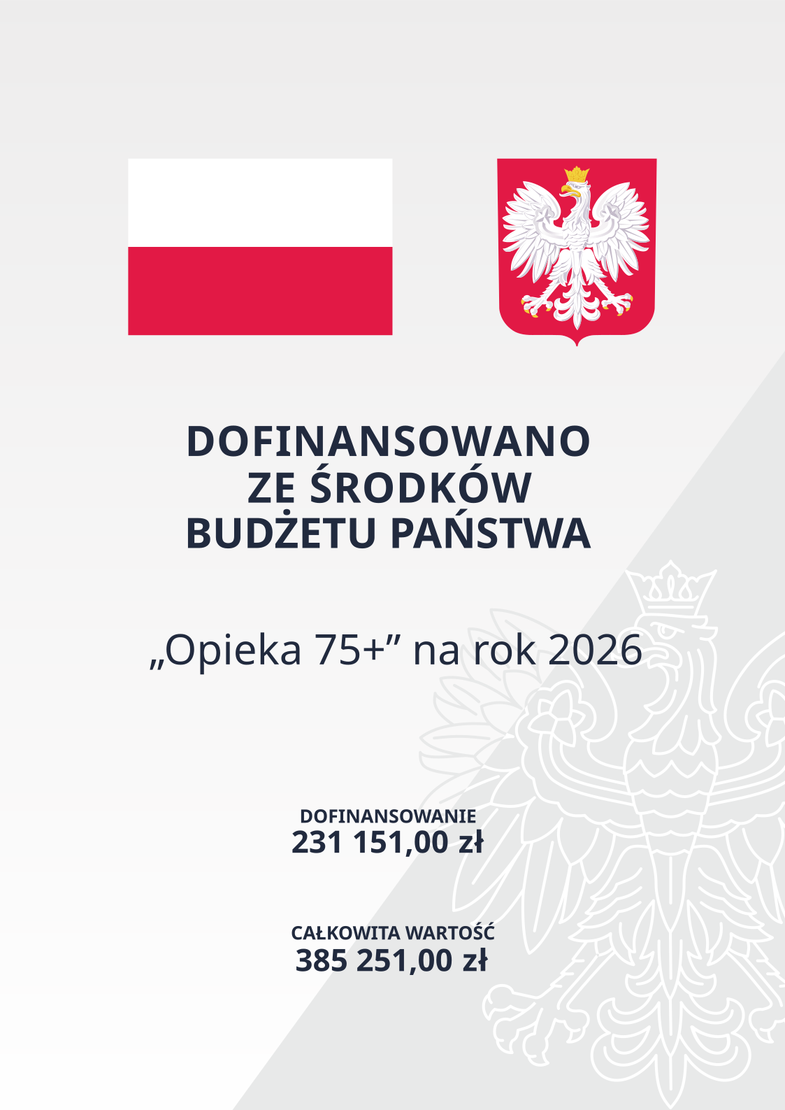 Grafika informująca o dofinansowaniu z budżetu państwa programu „Opieka 75+” na rok 2025. Widoczne są flaga Polski, godło oraz kwoty: dofinansowanie 269 177,00 zł, całkowita wartość 460 533,92 zł.