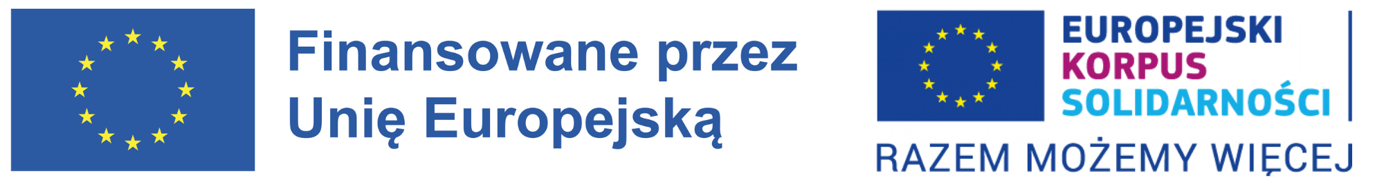 Pasek z logotypami. Flaga Unii Europejskiej i obok niej tekst koloru niebieskiego: Finansowane przez Unię Europejską. Drugie logo to Flaga Unii Europejskiej i obok niej tekst: Europejski Korpus Solidarności. Pod spodem umieszczono motto: Razem możemy więcej.