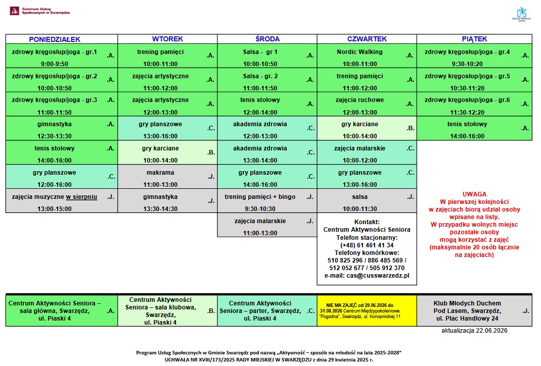 Zdjęcie przedstawia graficzną wersje planu zajęć w formie tabelki