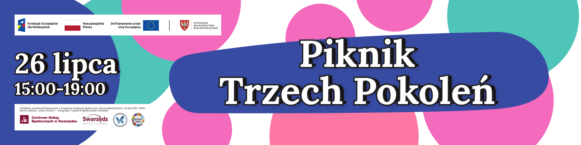 Banner informacyjny: Piknik Trzech Pokoleń, który odbędzie się 26 lipca w godzinach 15:00-19:00.