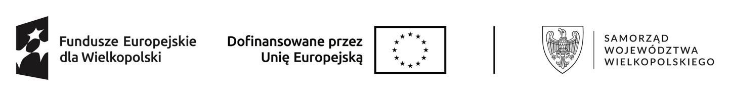 Pasek z logotypami koloru czarno-białego. Logo Funduszy Europejskich, dofinansowane przez Unię Europejską i herb województwa wielkopolskiego.