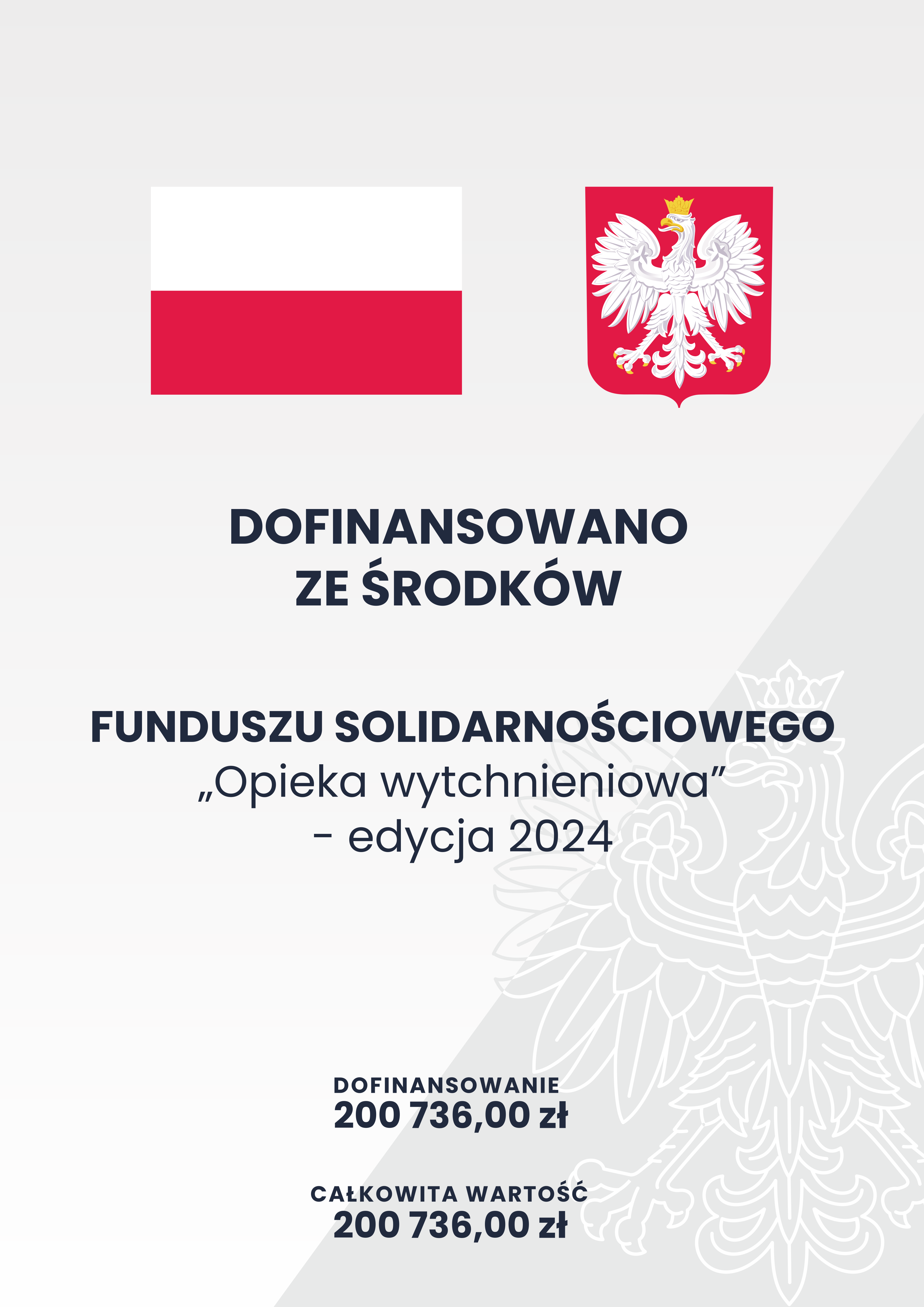 Plakat programu Opieka wytchnieniowa 2024. Dofinansowanie i całkowita wartość 200 736 zł.