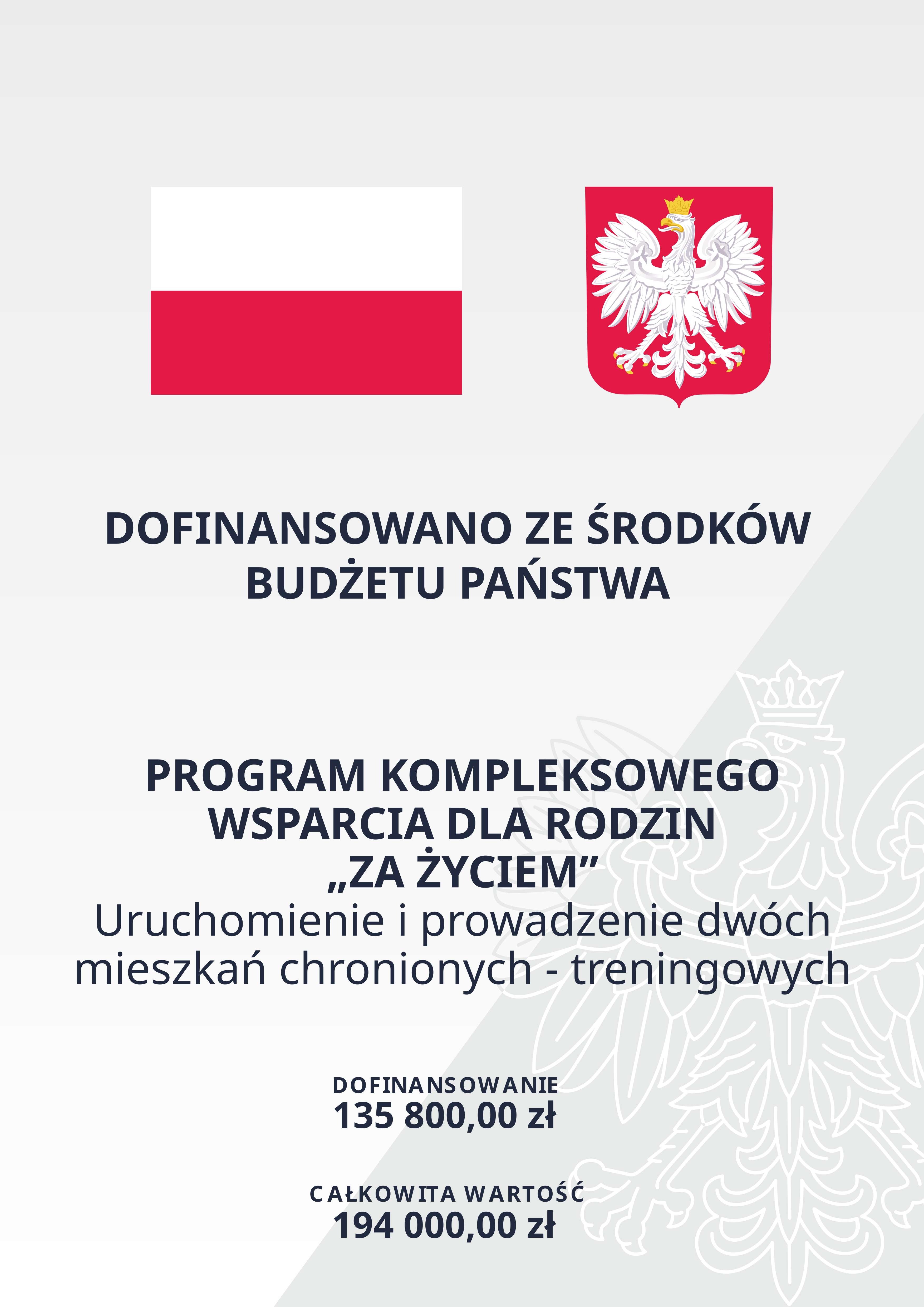 Plakat programu „Za życiem” – dofinansowanie 135 800 zł, całkowita wartość 194 000 zł. Uruchomiono i prowadzono dwa mieszkania chronione – treningowe.