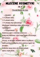 Mleczny Peeling do CiaÅa  SkÅadniki: 1/2 szklanki cukru 1/4 szklanki mleka 1/4 szklanki oleju kokosowego Kilka kropel ulubionego olejku eterycznego (opcjonalnie) Przygotowanie: Wymieszaj cukier z mlekiem w miseczce. Dodaj olej kokosowy i kilka kropel olejku eterycznego, jeÅli uÅ¼ywasz. Mieszaj, aÅ¼ wszystkie skÅadniki dobrze siÄ poÅÄczÄ. NaÅÃ³Å¼ peeling na wilgotnÄ skÃ³rÄ podczas kÄpieli lub prysznica. Delikatnie masuj skÃ³rÄ okrÄÅ¼nymi ruchami. SpÅucz ciepÅÄ wodÄ.